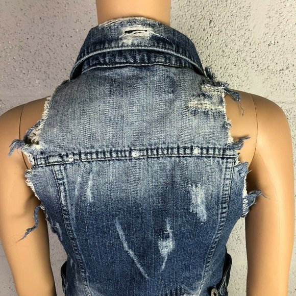 Vintage Havanna Distressed Sleeveless Denim Vest Jacket Style Hood Size S - Picture 5 of 10